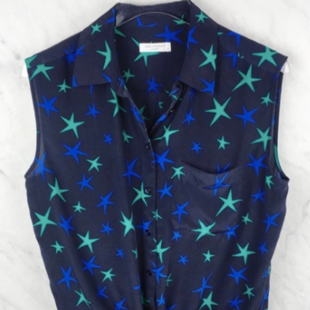 Equipment Navy Blue Green Stars Silk Front Tie Hem